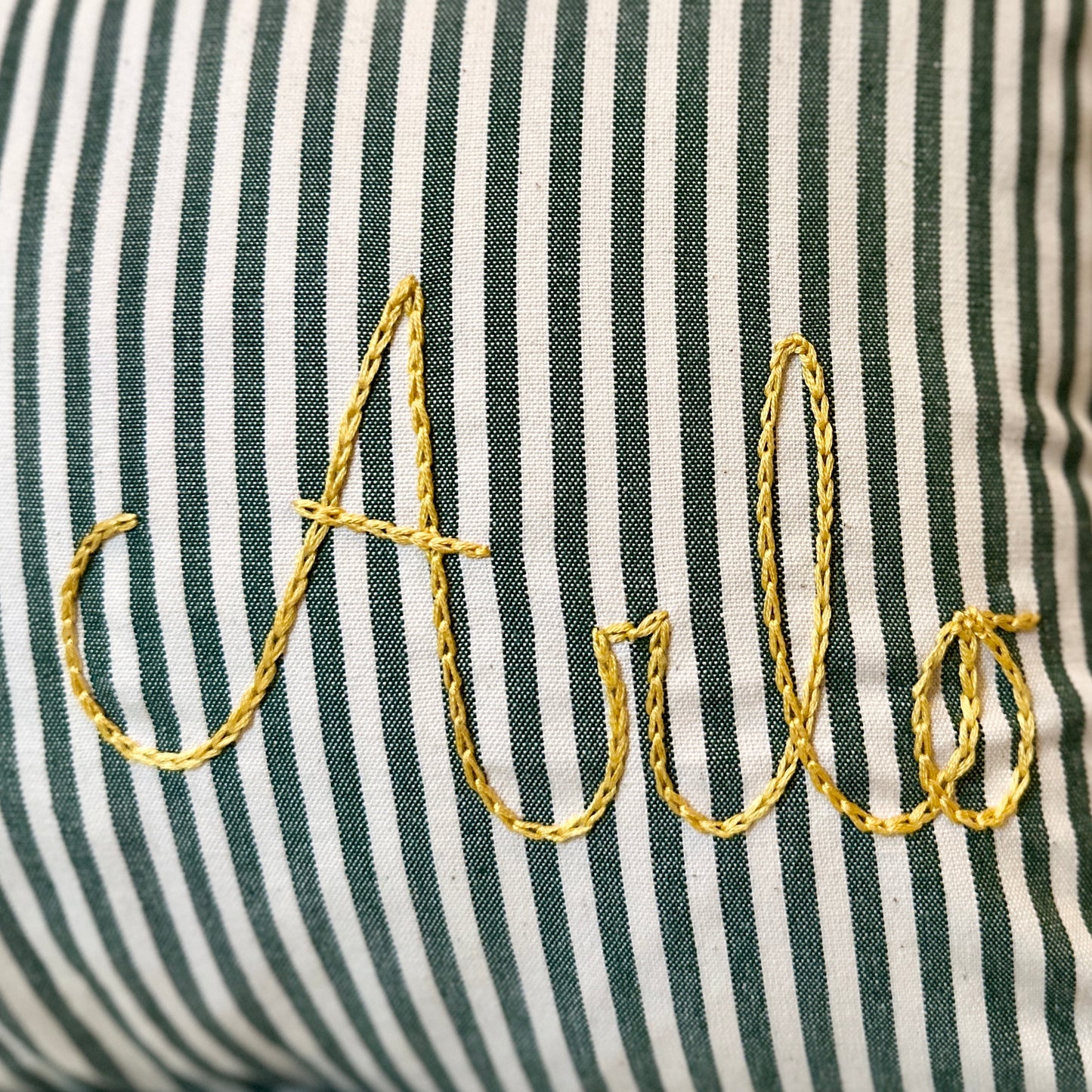 Personalised Forest Green Candy Stripe cushion with frill