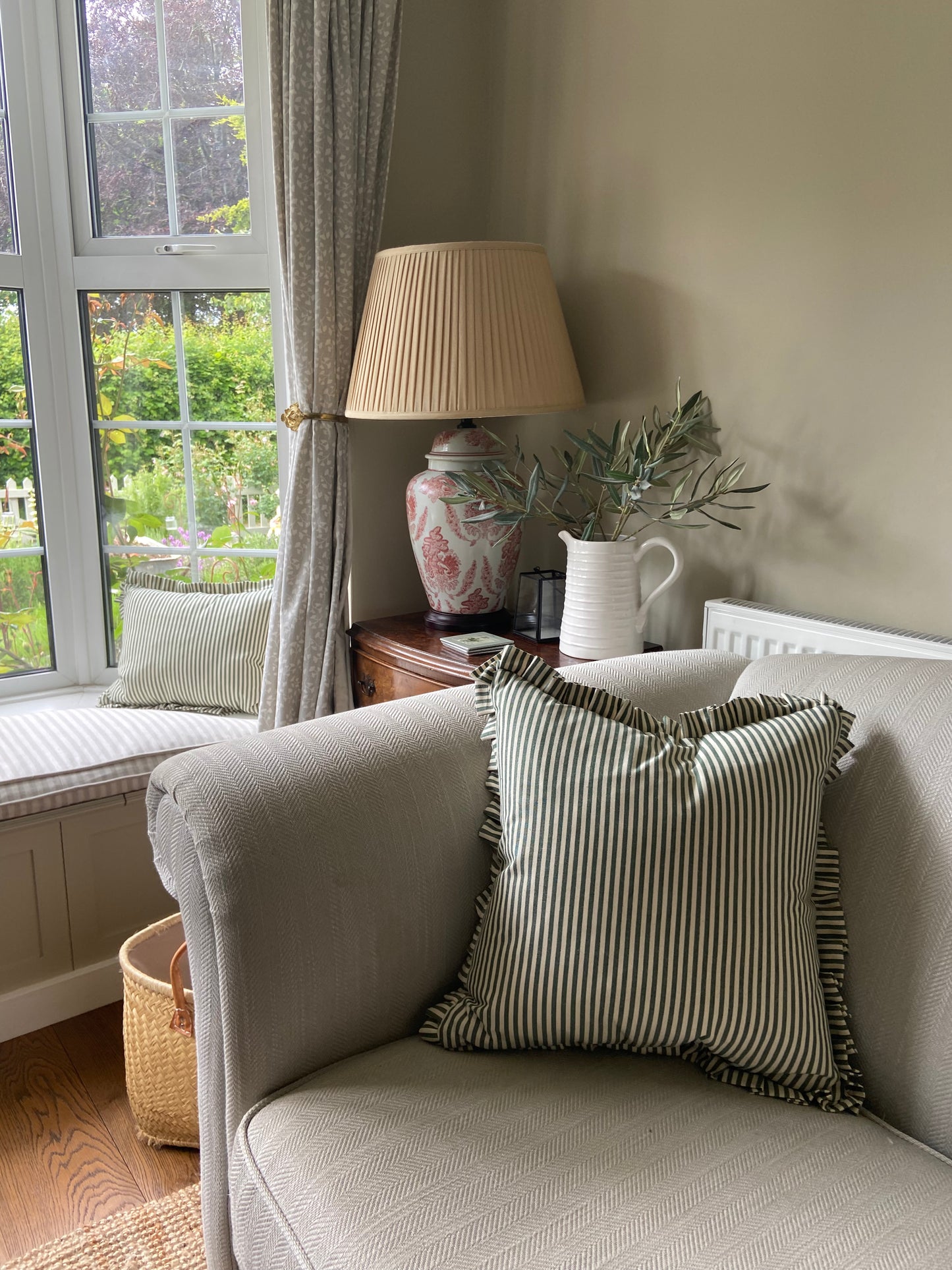 Personalised Forest Green Candy Stripe cushion with frill