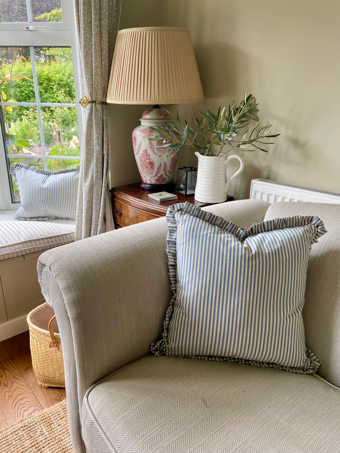 Personalised Blue Candy Stripe cushion with frill