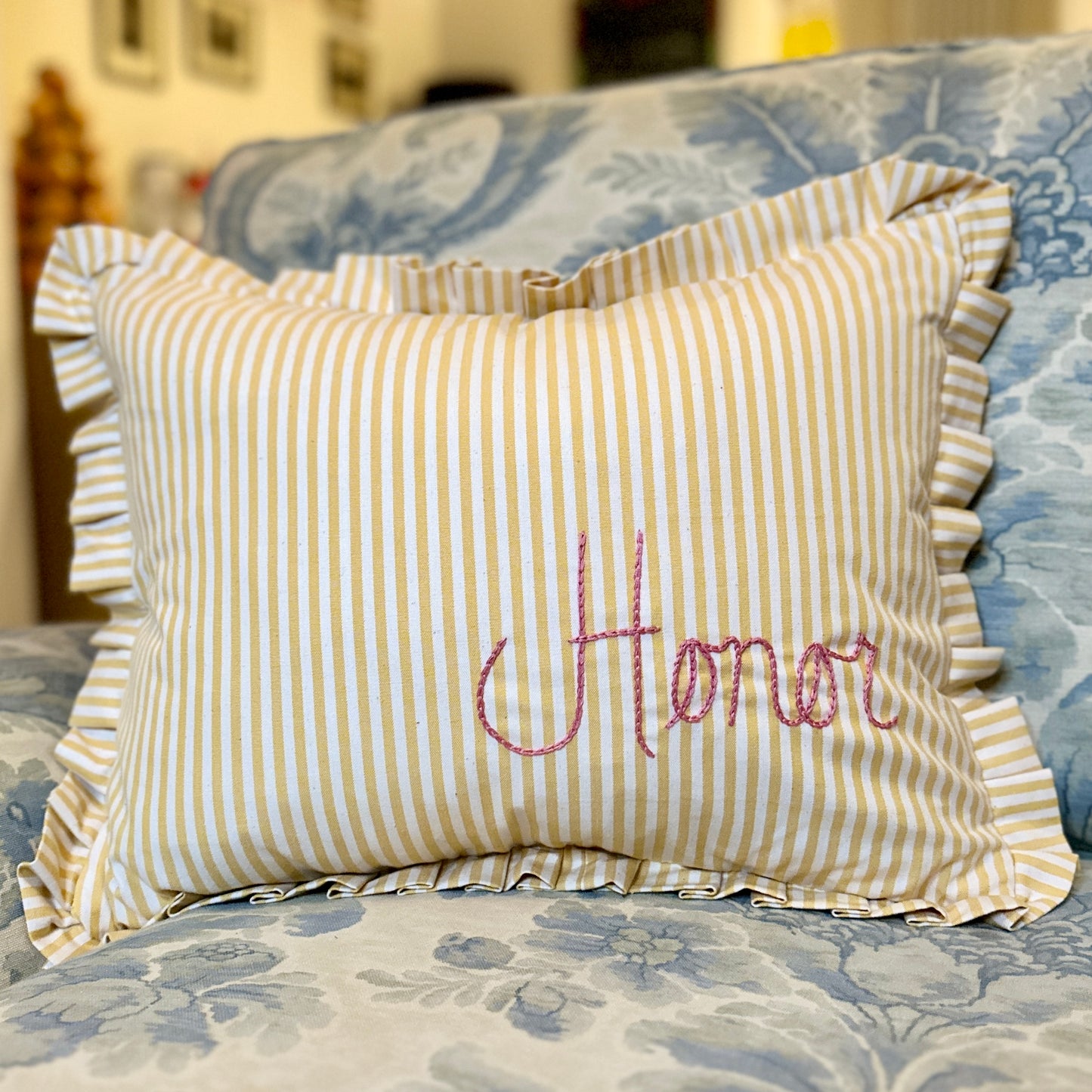 Personalised Yellow Candy Stripe cushion with frill