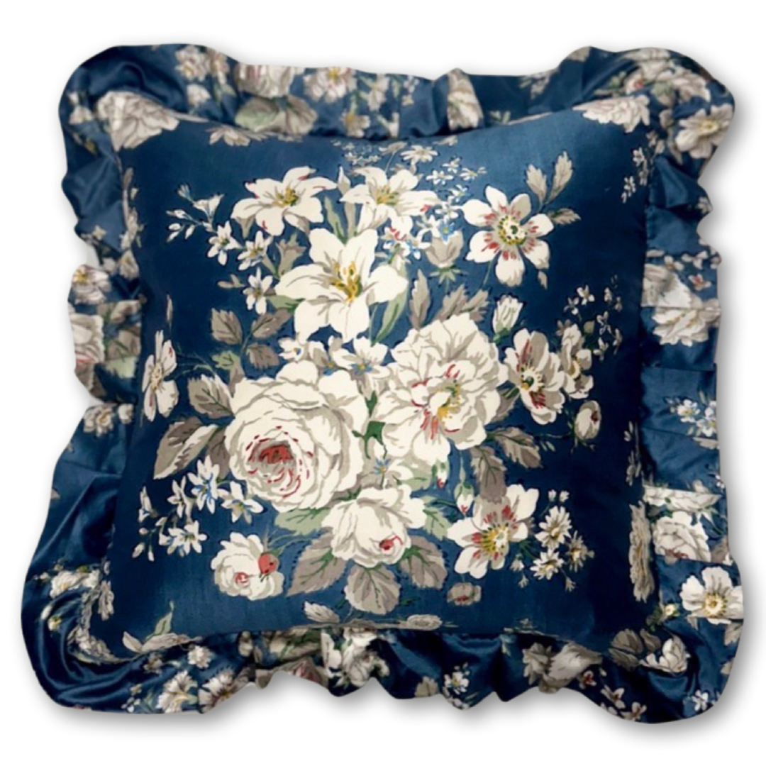Blue Floral Sanderson cushion with frill
