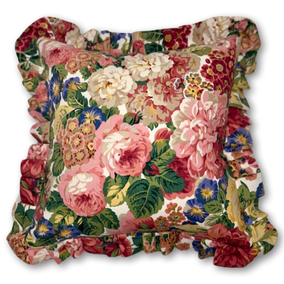 'Rose & Peony' Sanderson cushion with frill