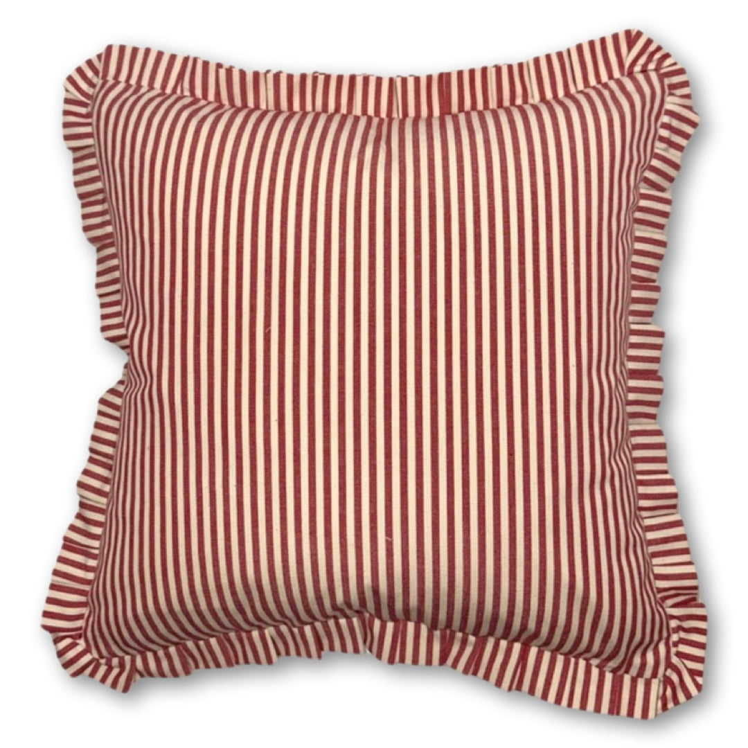 Red Candy Stripe cushion with frill