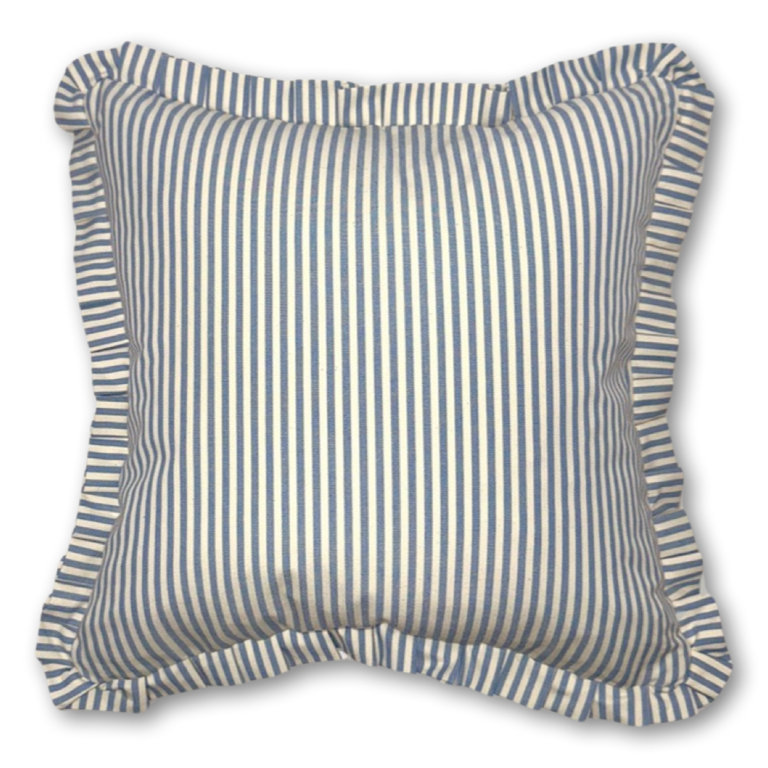 Blue Candy Stripe cushion with frill