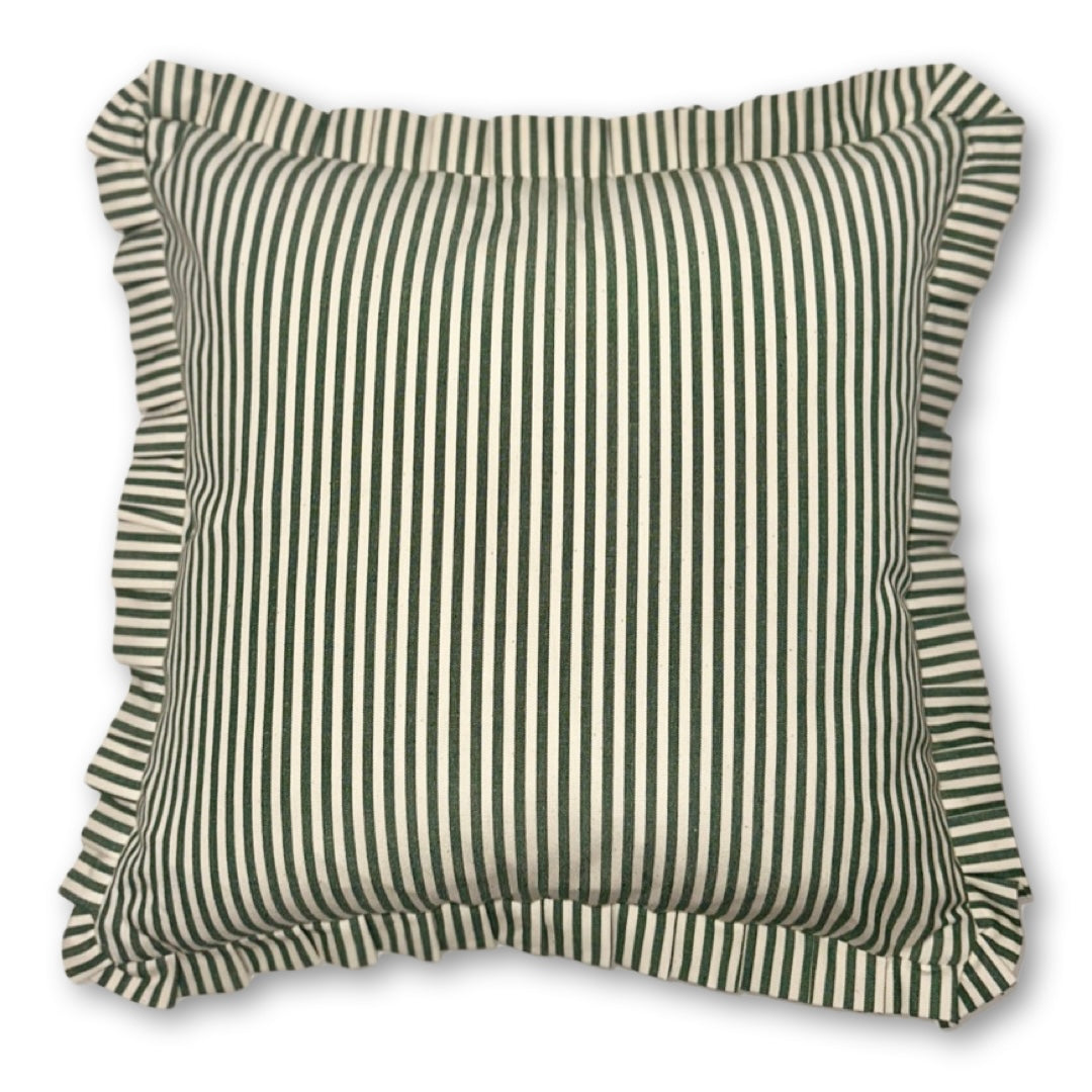 Forest Green Candy Stripe cushion with frill