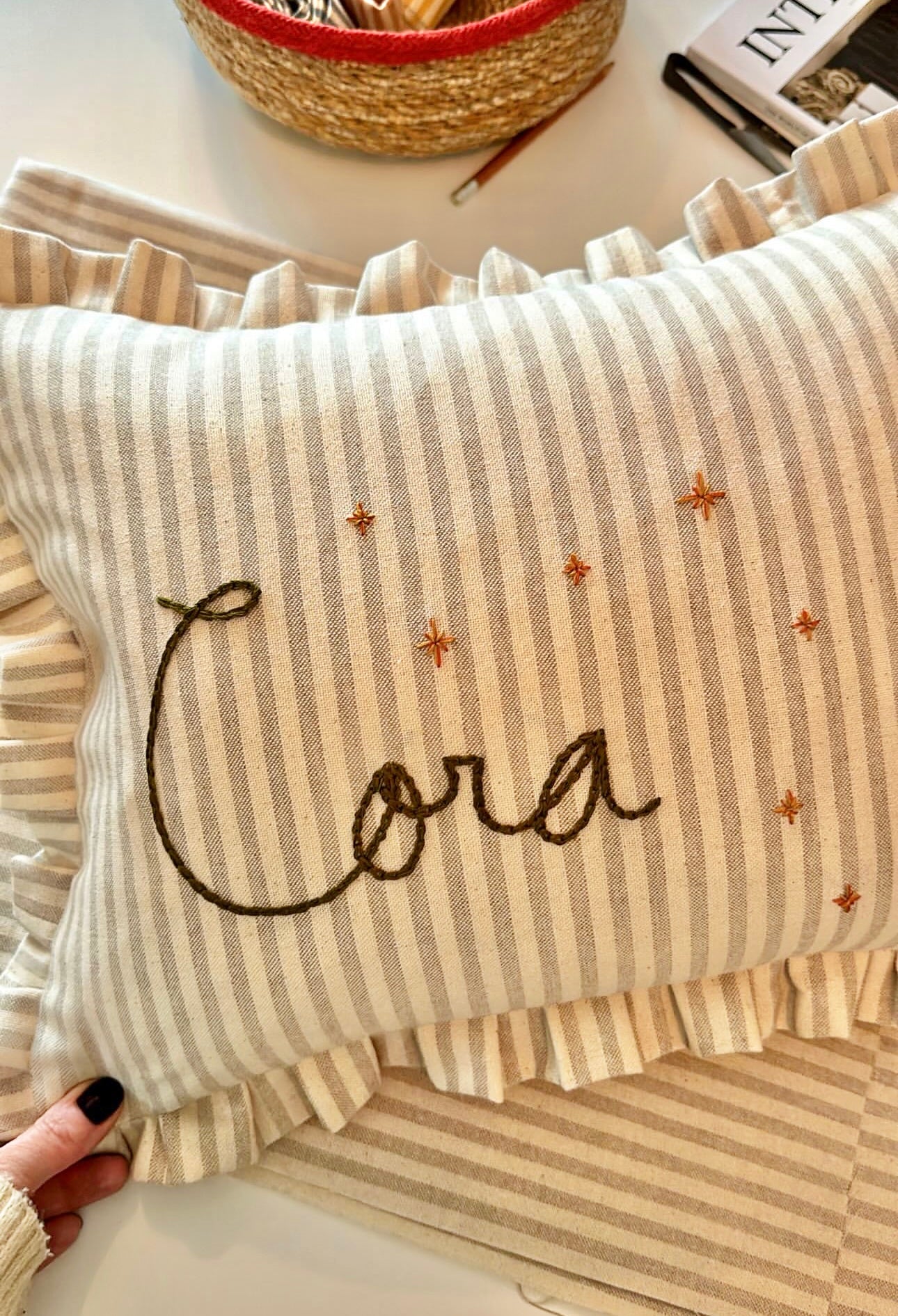 Personalised Cream Stripe cushion with frill