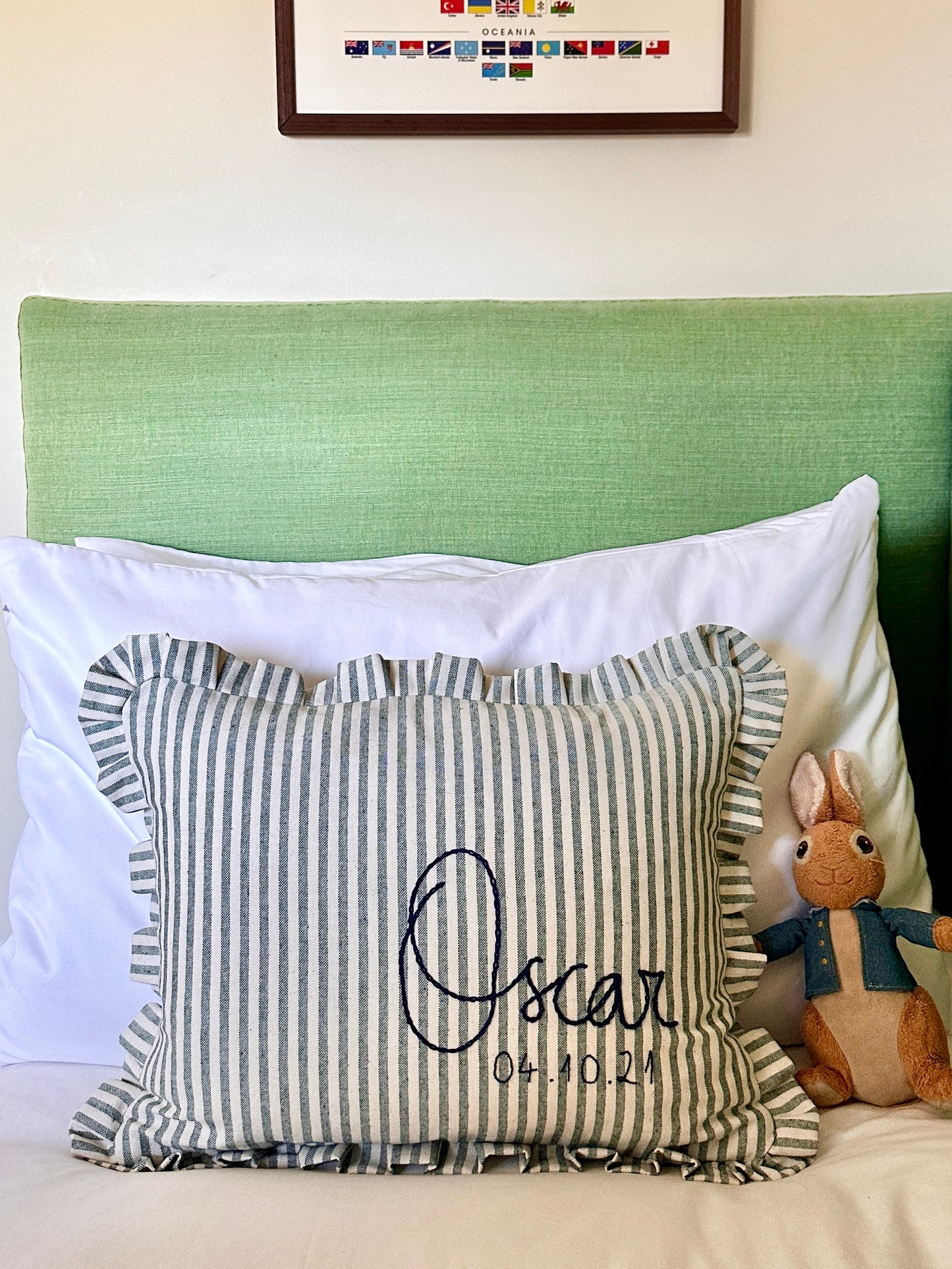 Personalised Green Stripe cushion with frill