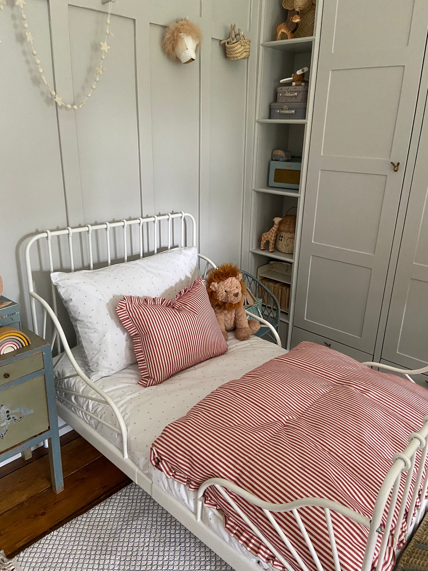 Red Candy Stripe cushion with frill