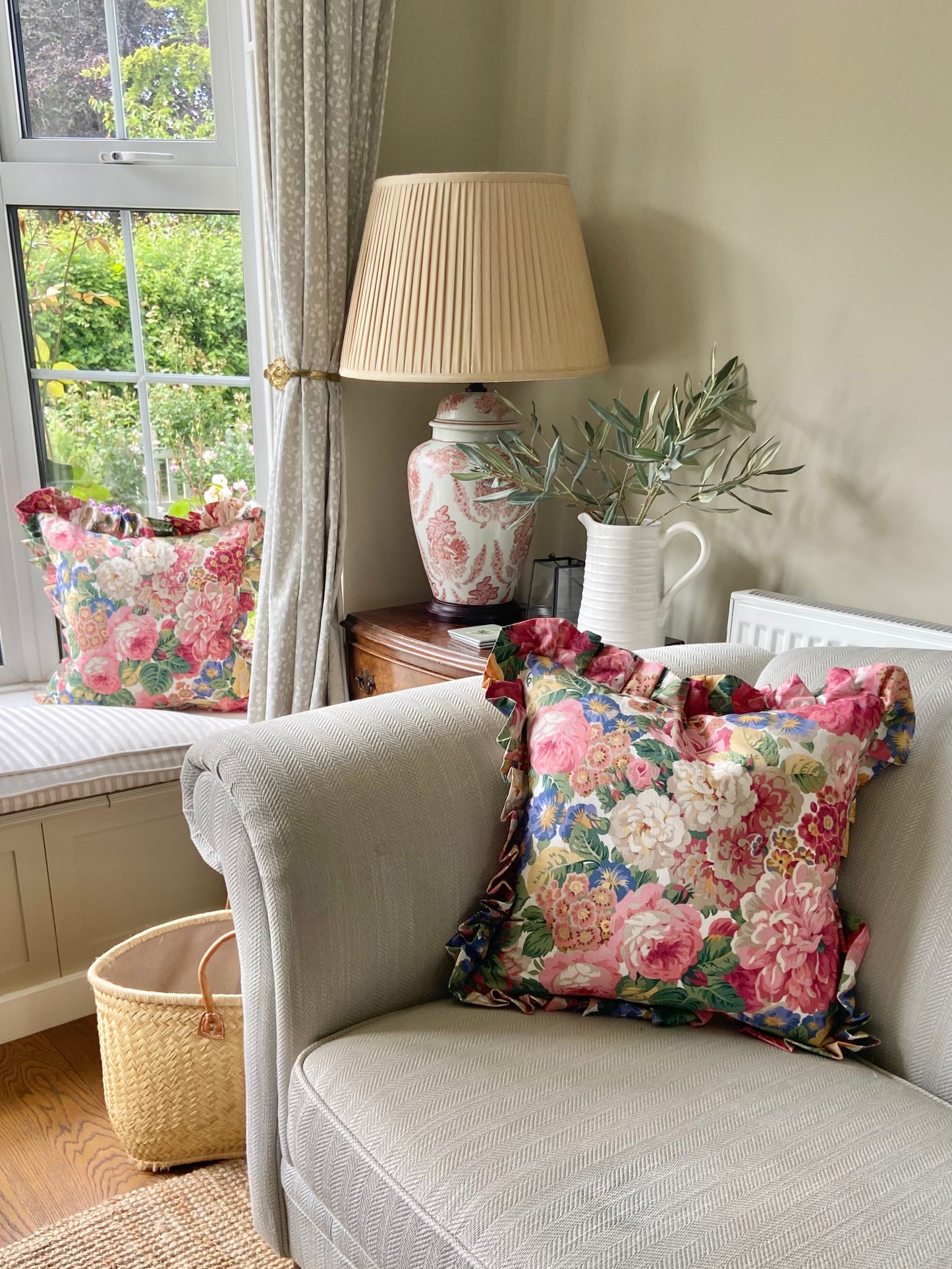 'Rose & Peony' Sanderson cushion with frill