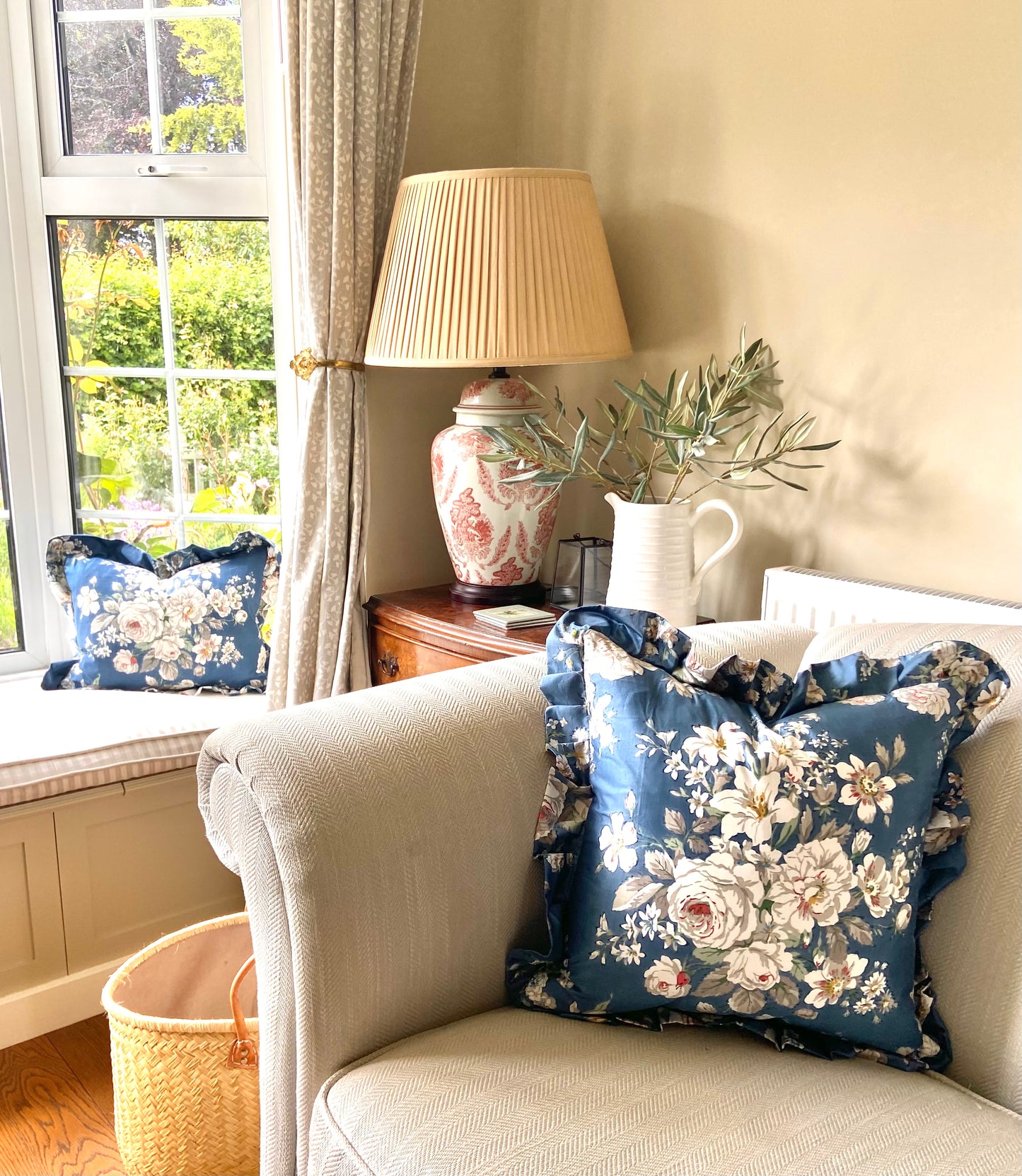 Blue Floral Sanderson cushion with frill
