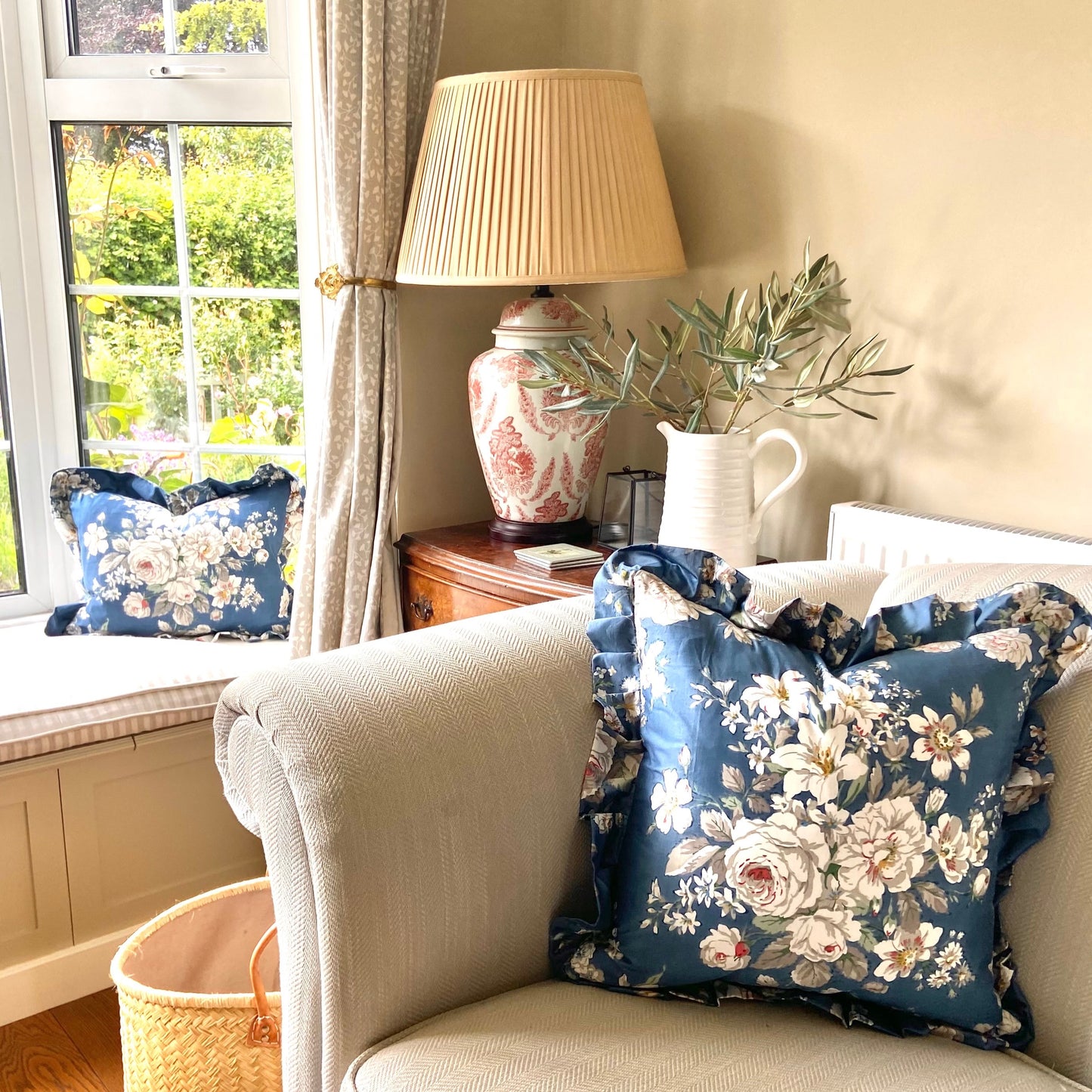Blue Floral Sanderson cushion with frill