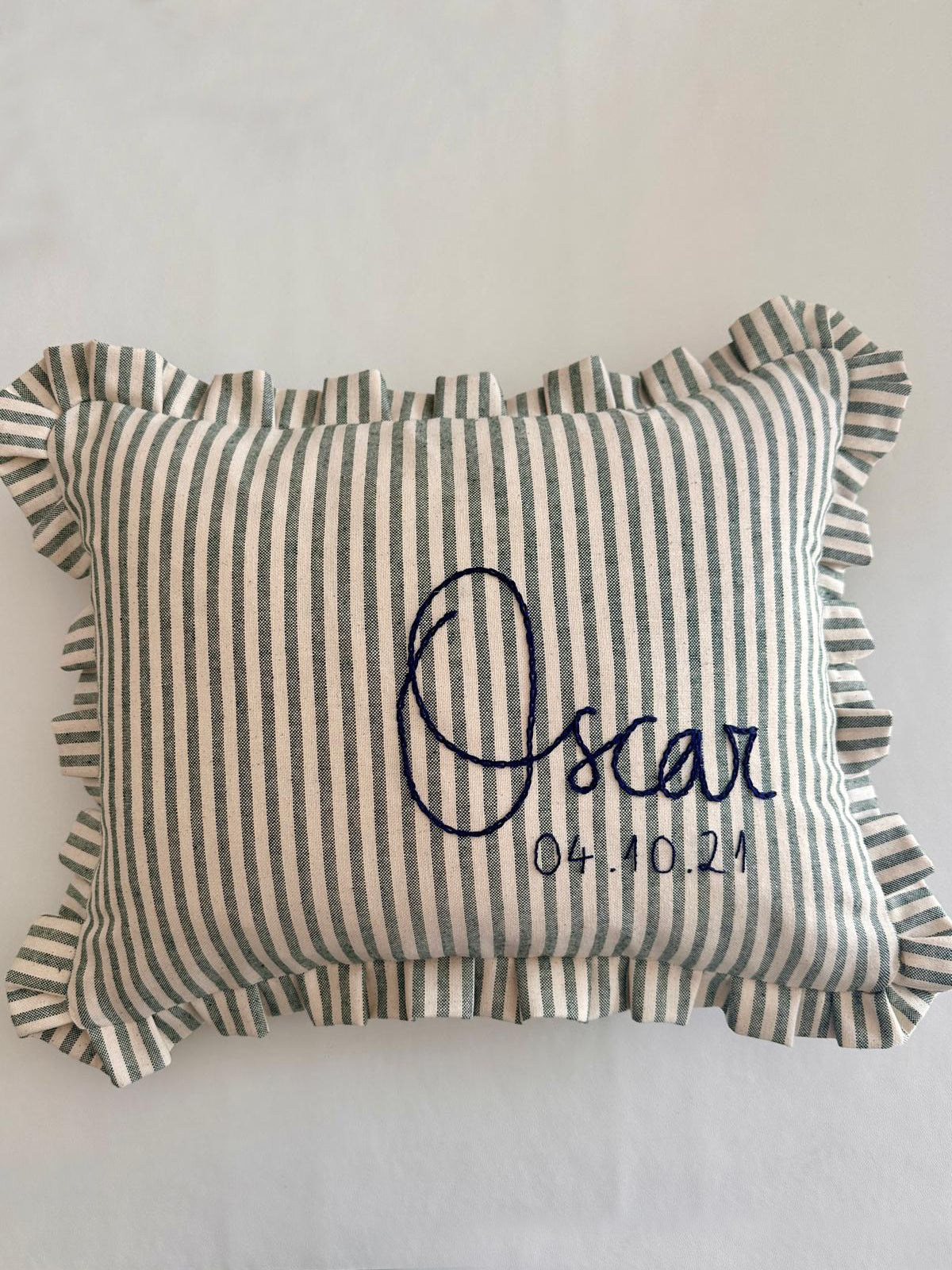 Personalised Green Stripe cushion with frill