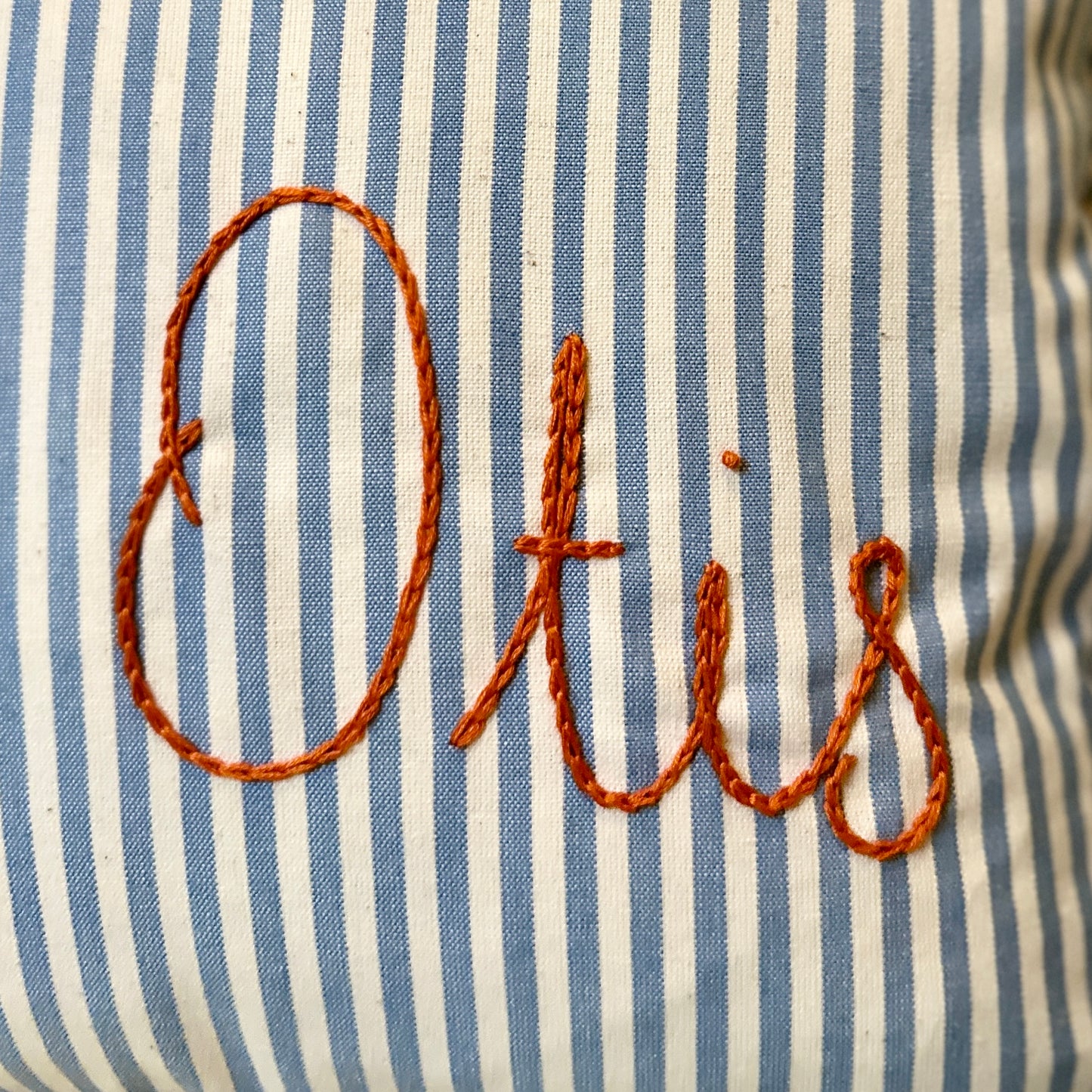 Personalised Blue Candy Stripe cushion with frill