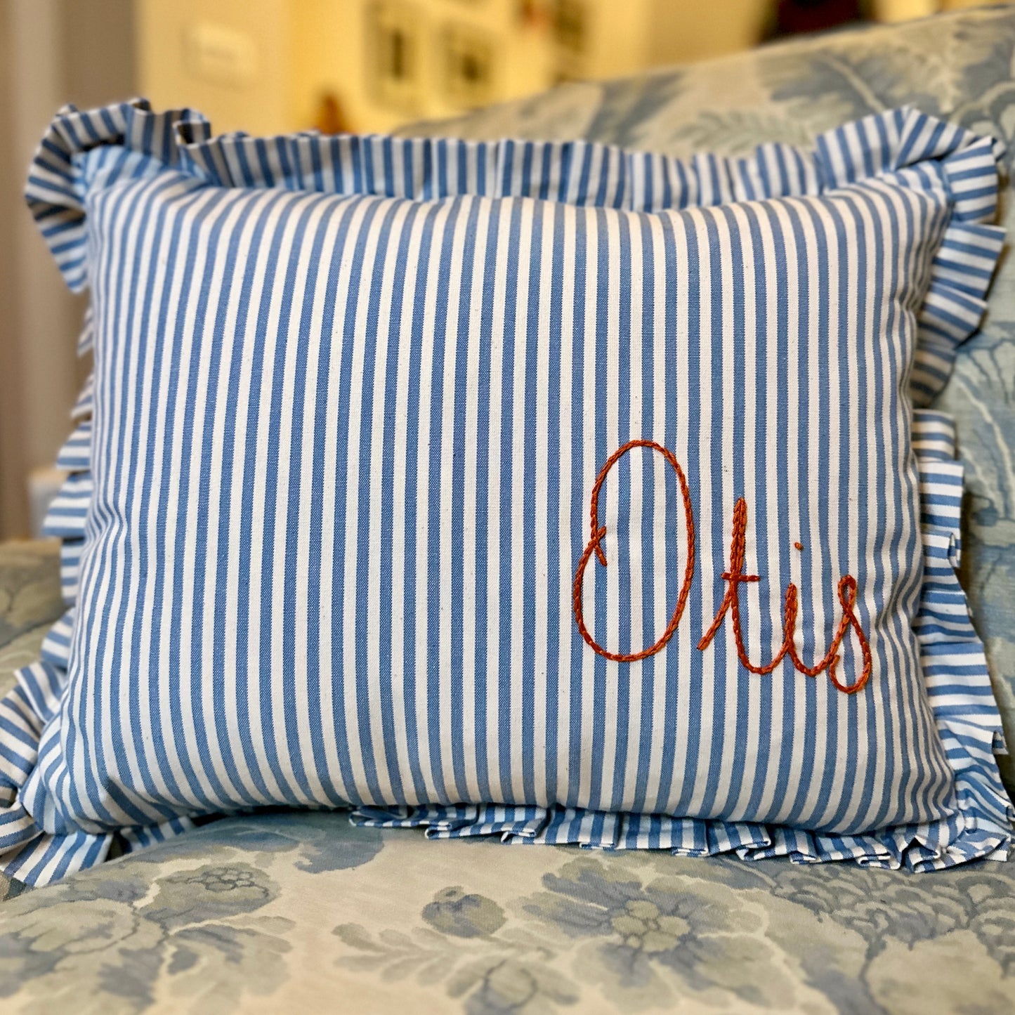 Personalised Blue Candy Stripe cushion with frill