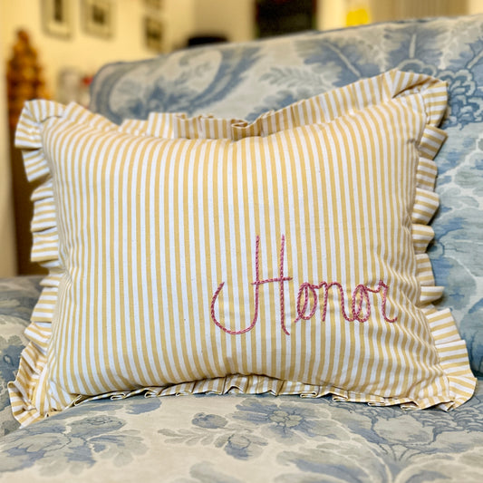 Personalised Yellow Candy Stripe cushion with frill