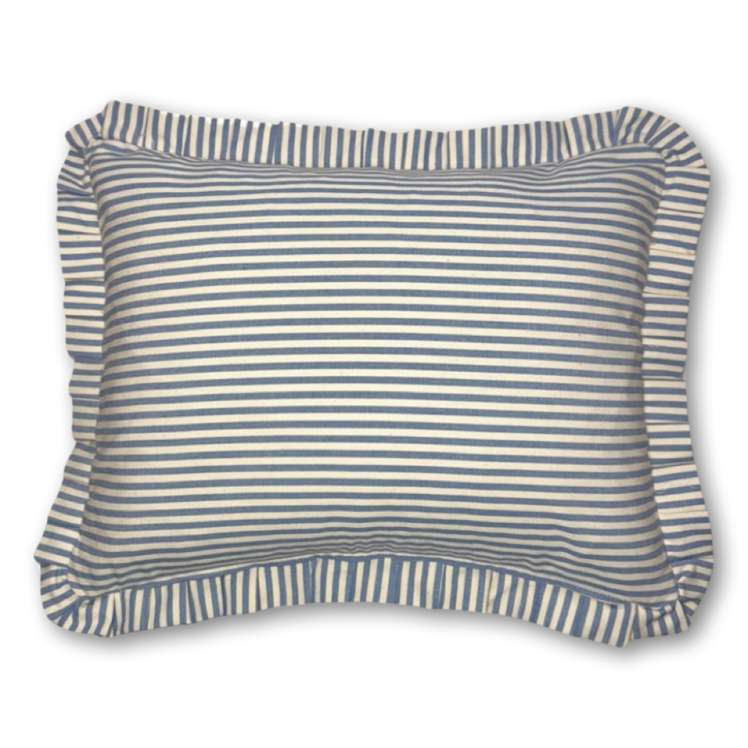 Blue Candy Stripe cushion with frill