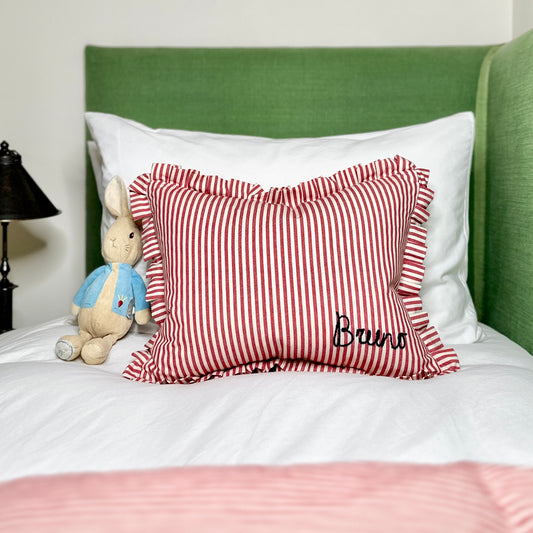 Personalised Red Candy Stripe cushion with frill
