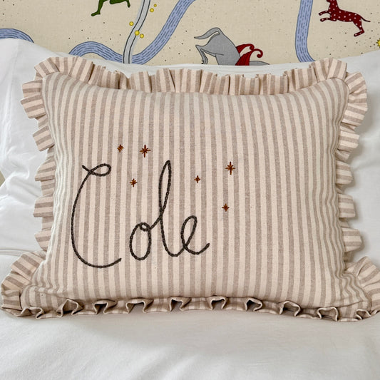 Personalised Cream Stripe cushion with frill