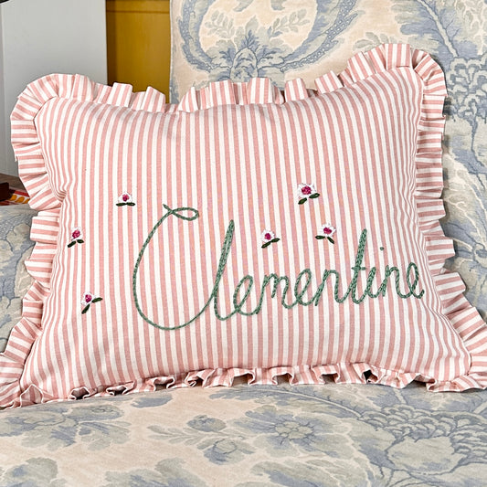 Personalised Pink Stripe cushion with frill