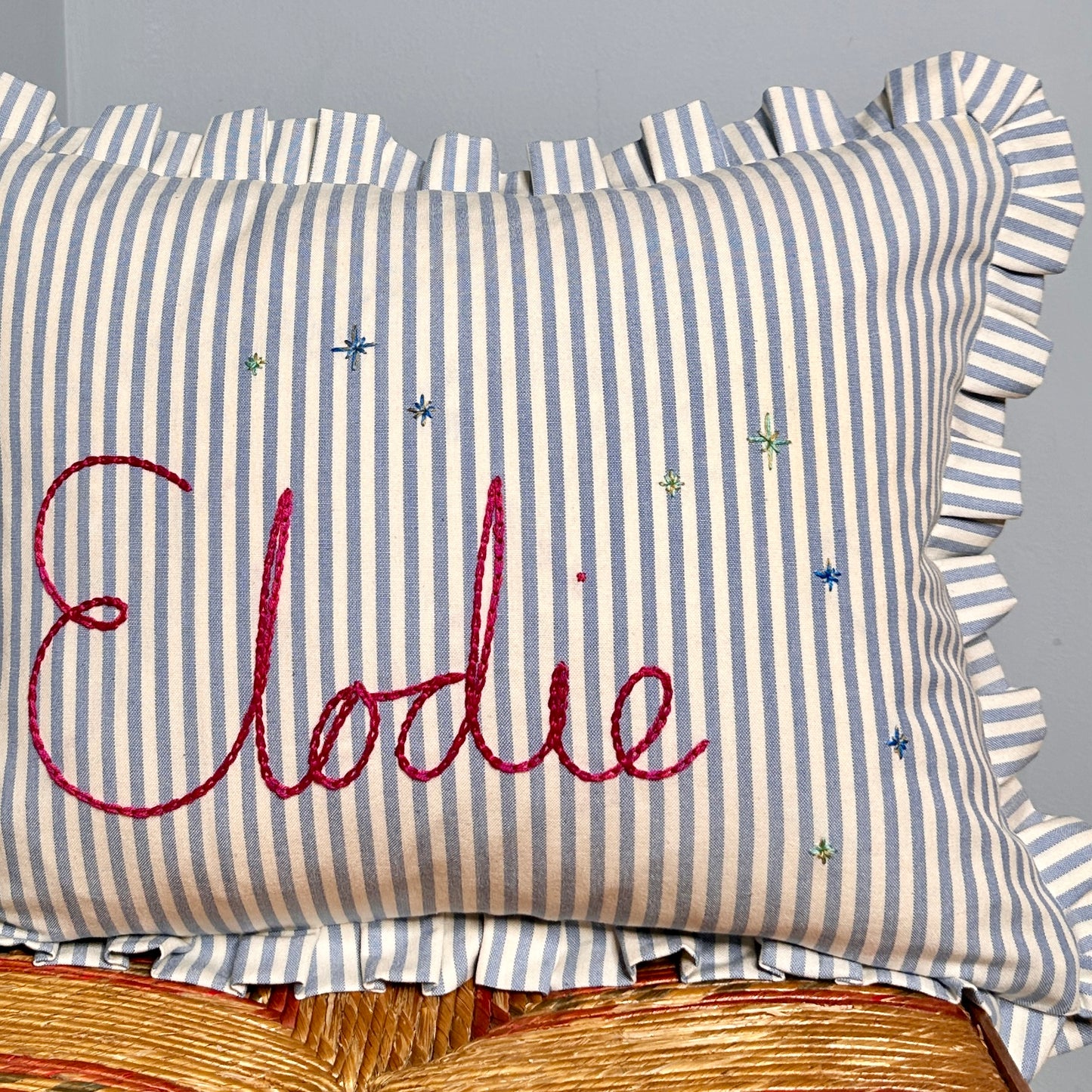 Personalised Blue Candy Stripe cushion with frill