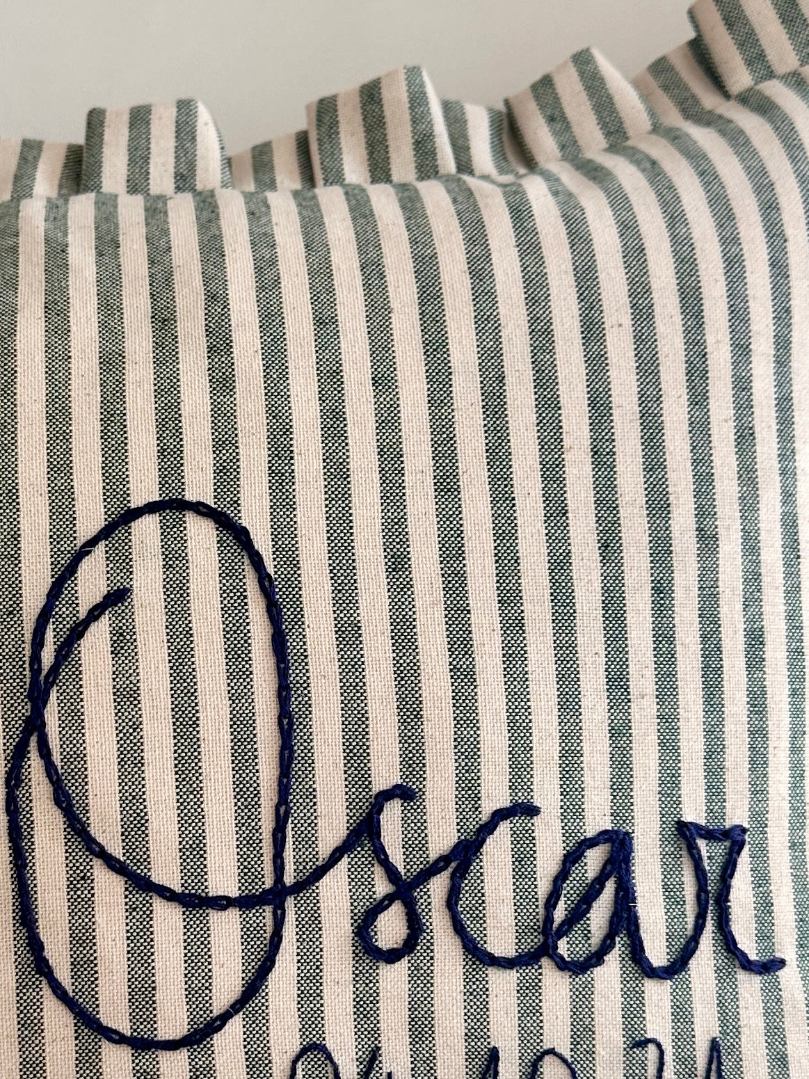 Personalised Green Stripe cushion with frill