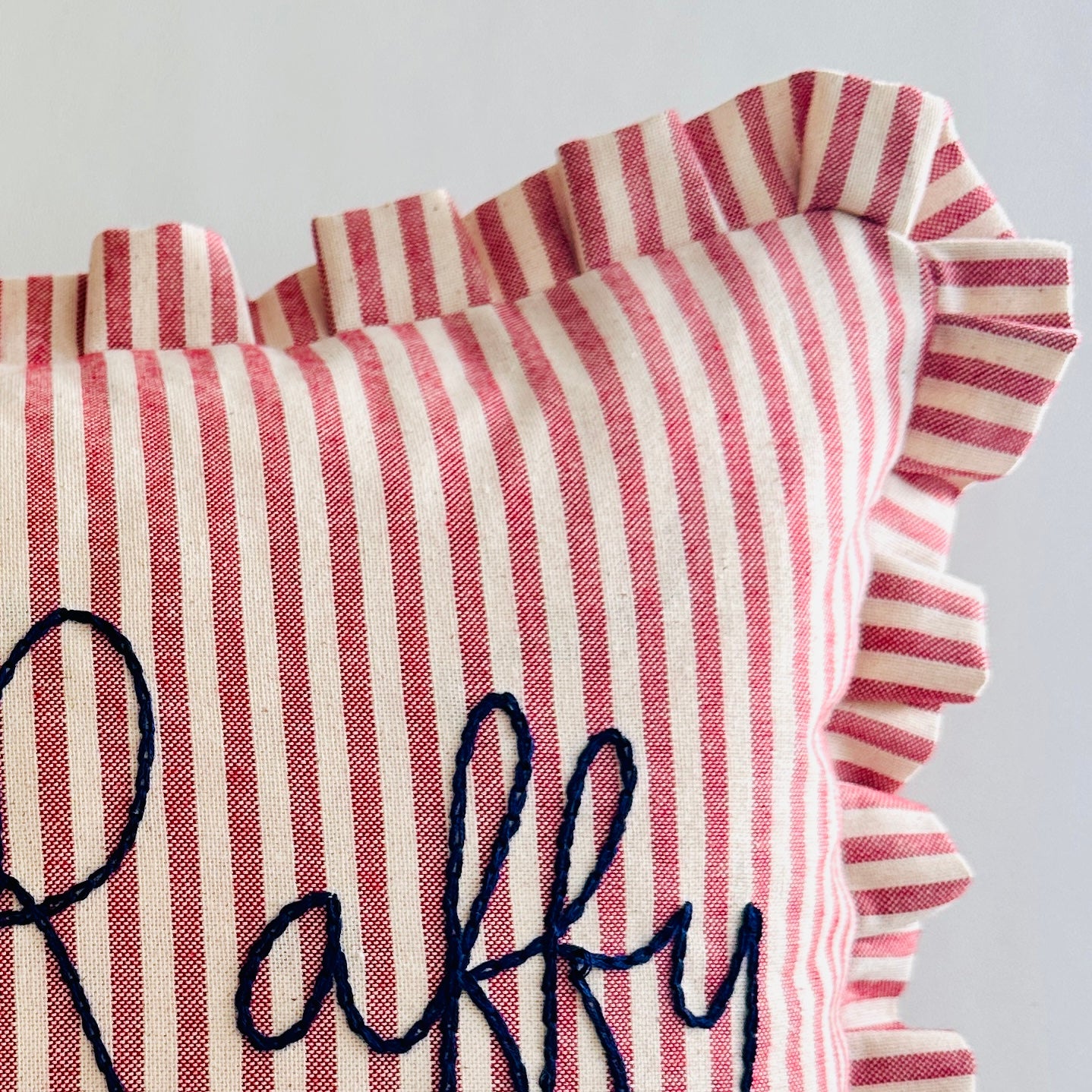 Personalised Red Candy Stripe cushion with frill