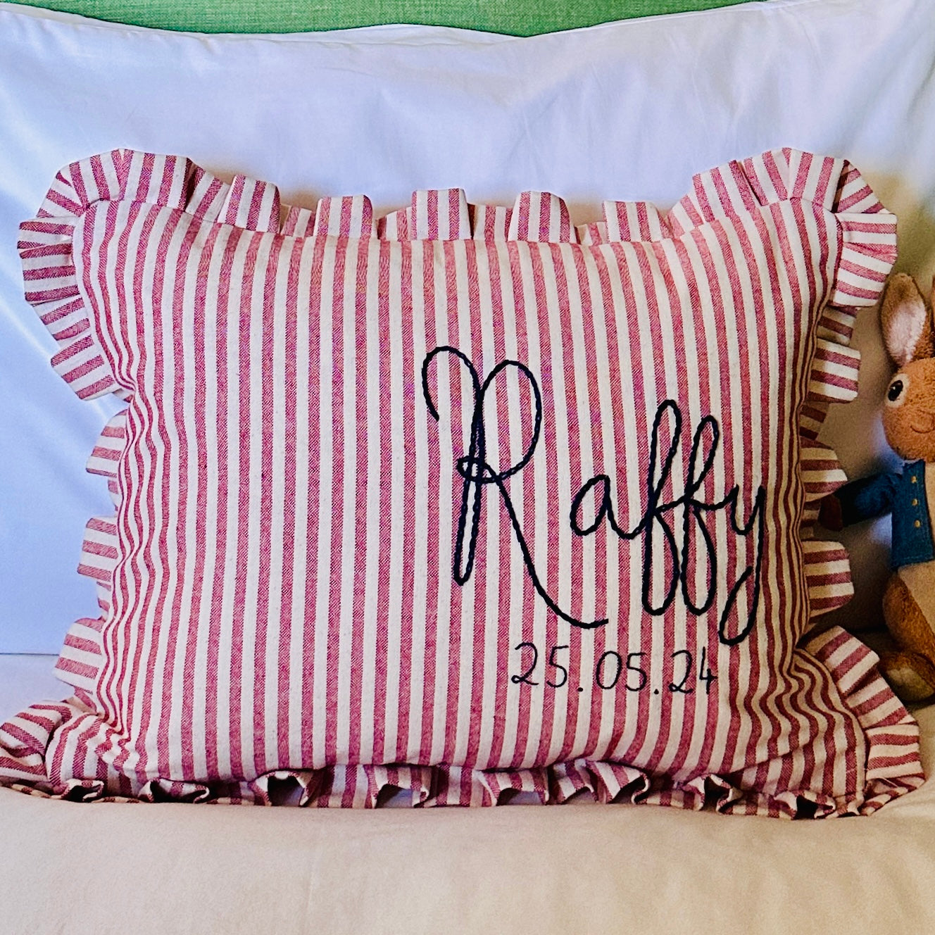 Personalised Red Candy Stripe cushion with frill