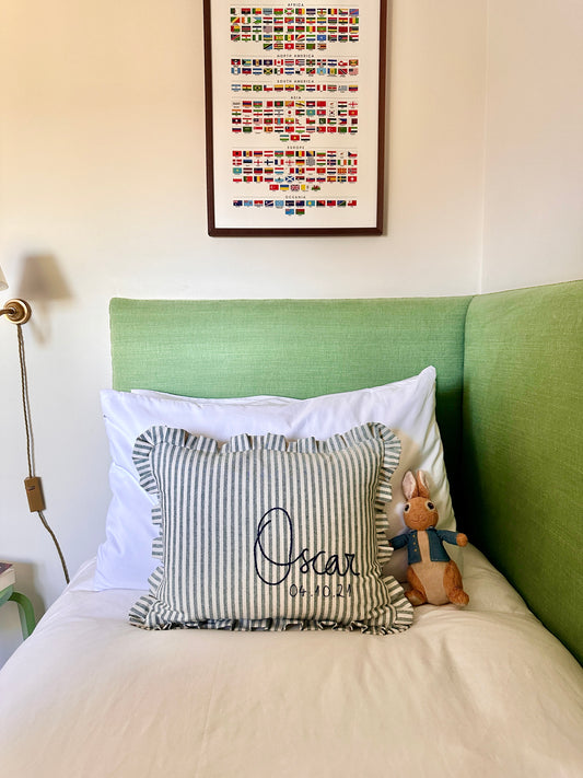 Personalised Green Stripe cushion with frill