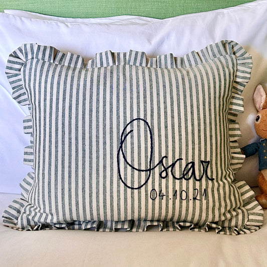Personalised Green Stripe cushion with frill