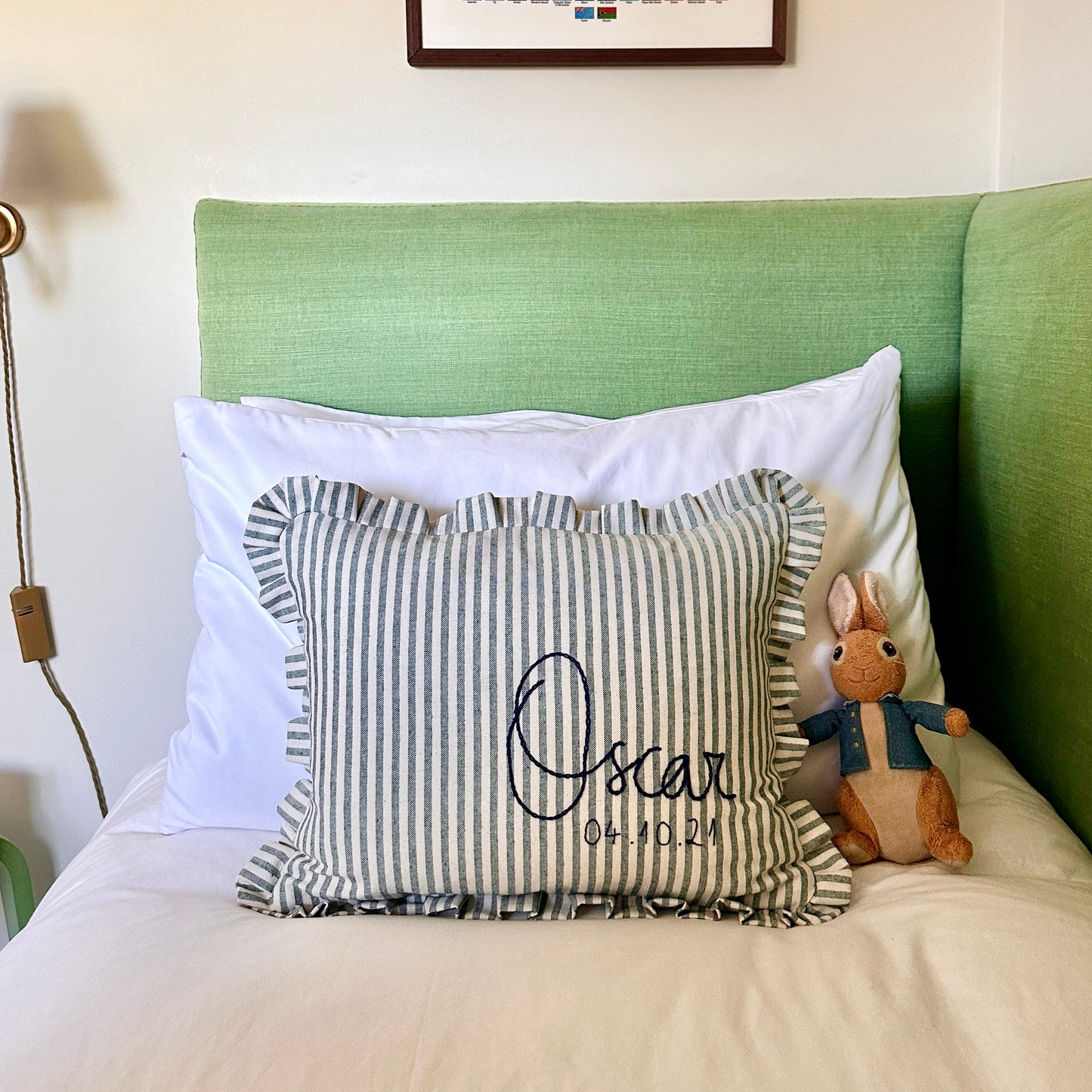 Personalised Green Stripe cushion with frill