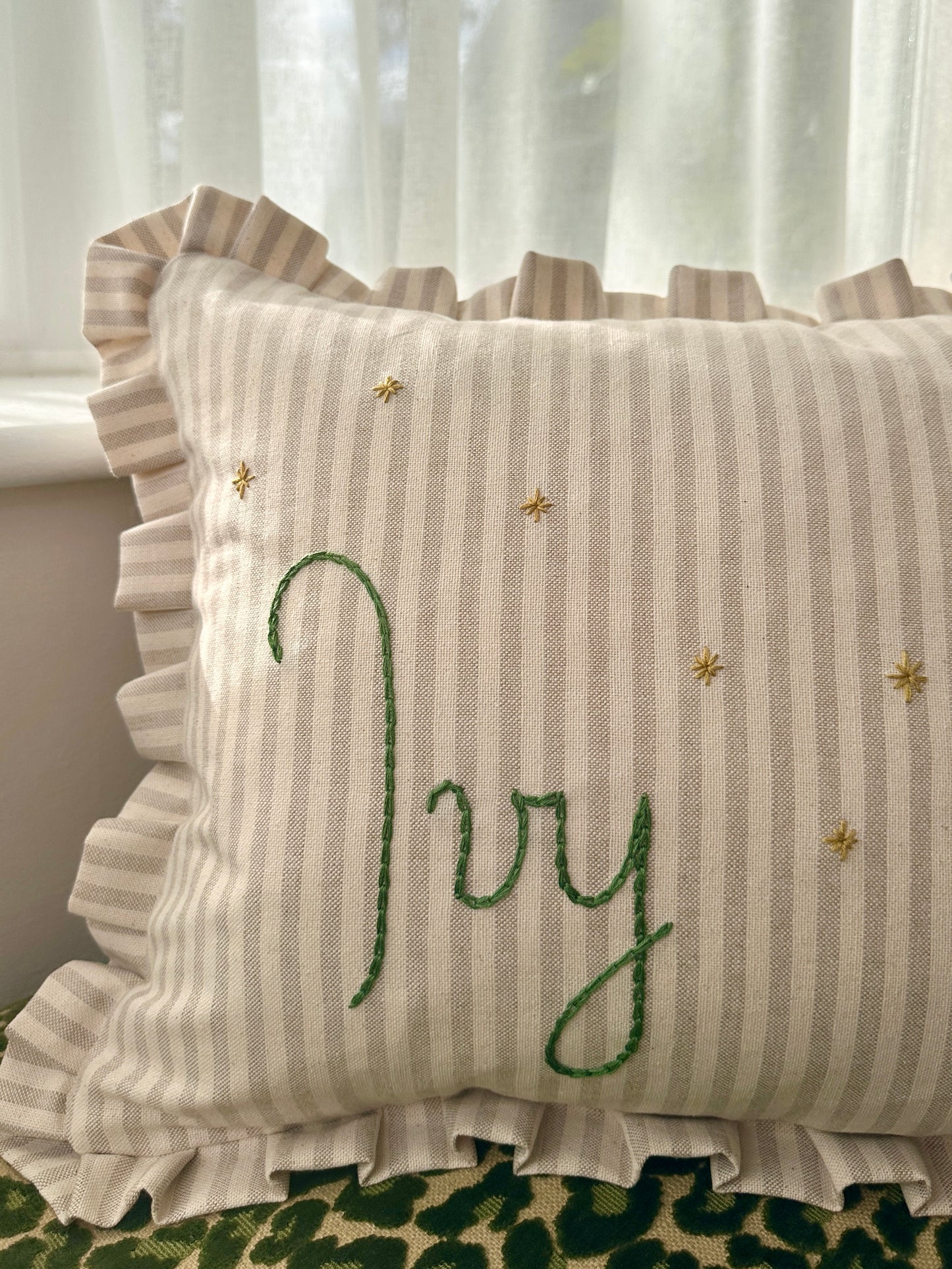 Personalised Cream Stripe cushion with frill