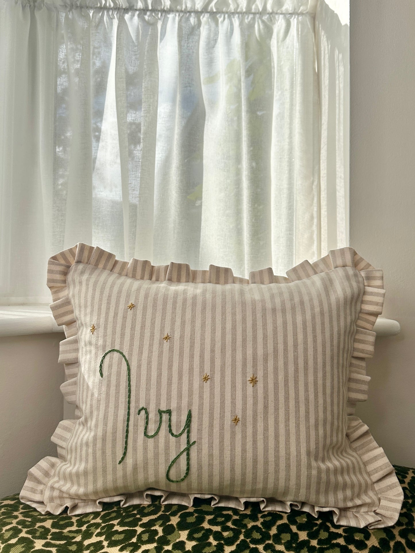 Personalised Cream Stripe cushion with frill