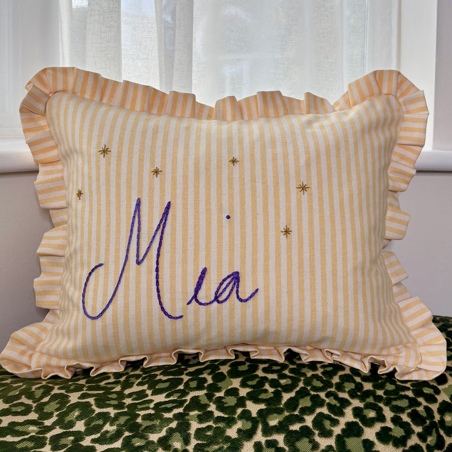 Personalised Yellow Candy Stripe cushion with frill
