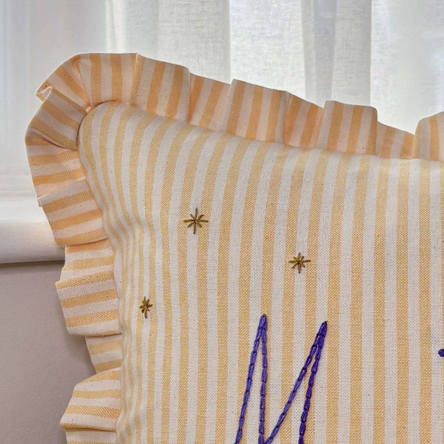 Personalised Yellow Candy Stripe cushion with frill