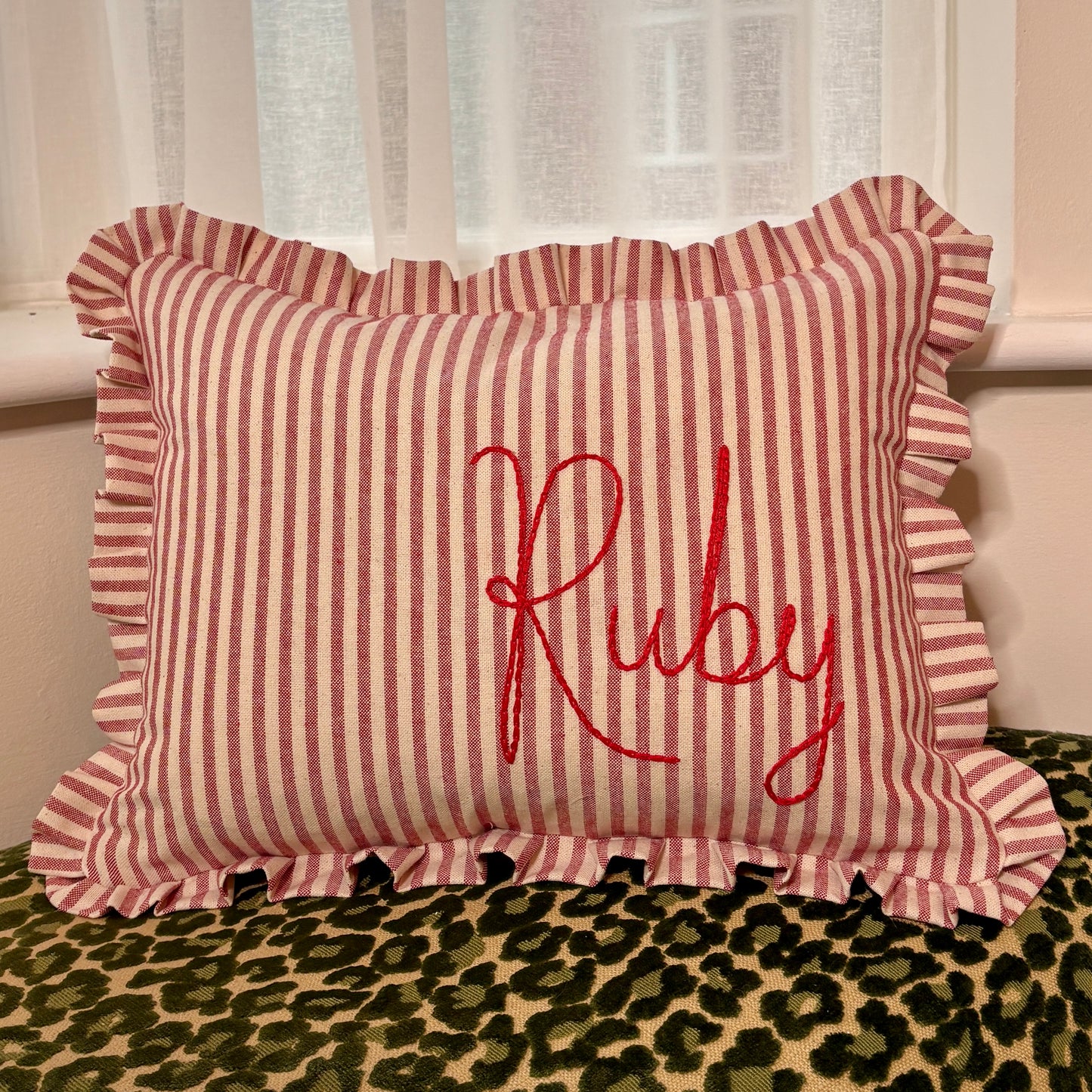 Personalised Red Candy Stripe cushion with frill