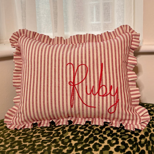 Personalised Red Candy Stripe cushion with frill