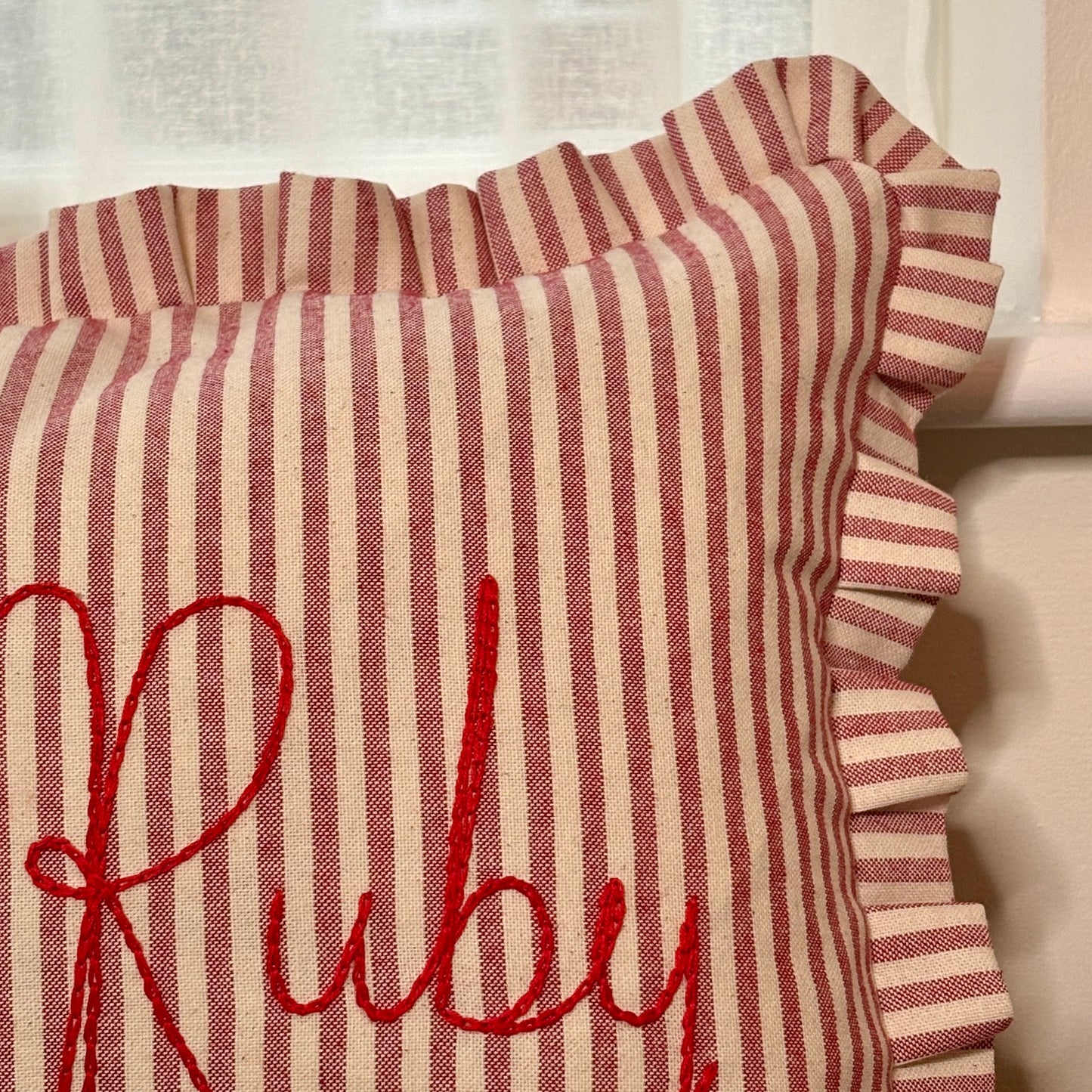 Personalised Red Candy Stripe cushion with frill